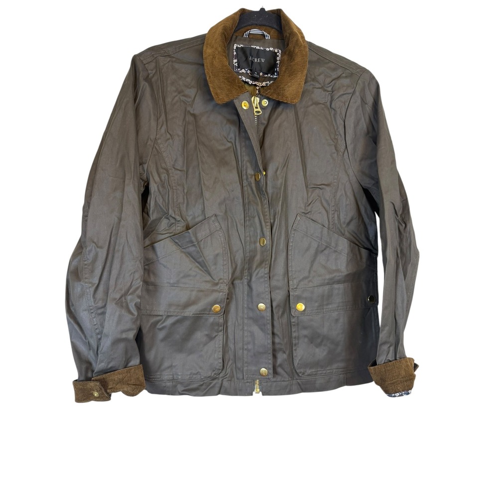 J.Crew Women Waxed Cotton Field Jacket Brown Corduroy Trim Moss Green M